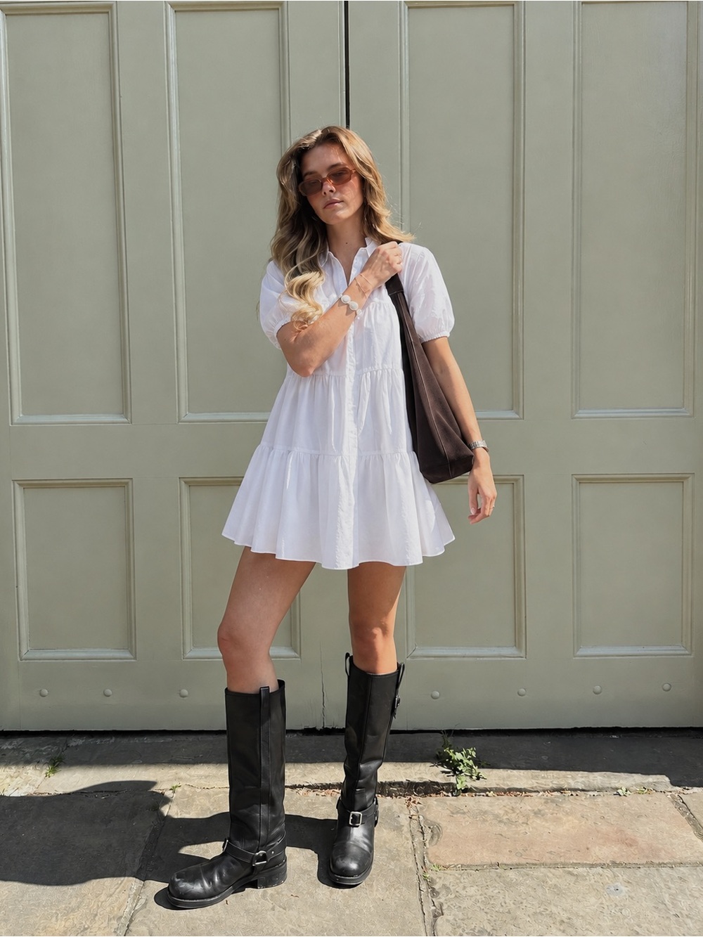 Zara White Cotton Tiered Mini Dress Puff Sleeve Collared Babydoll M